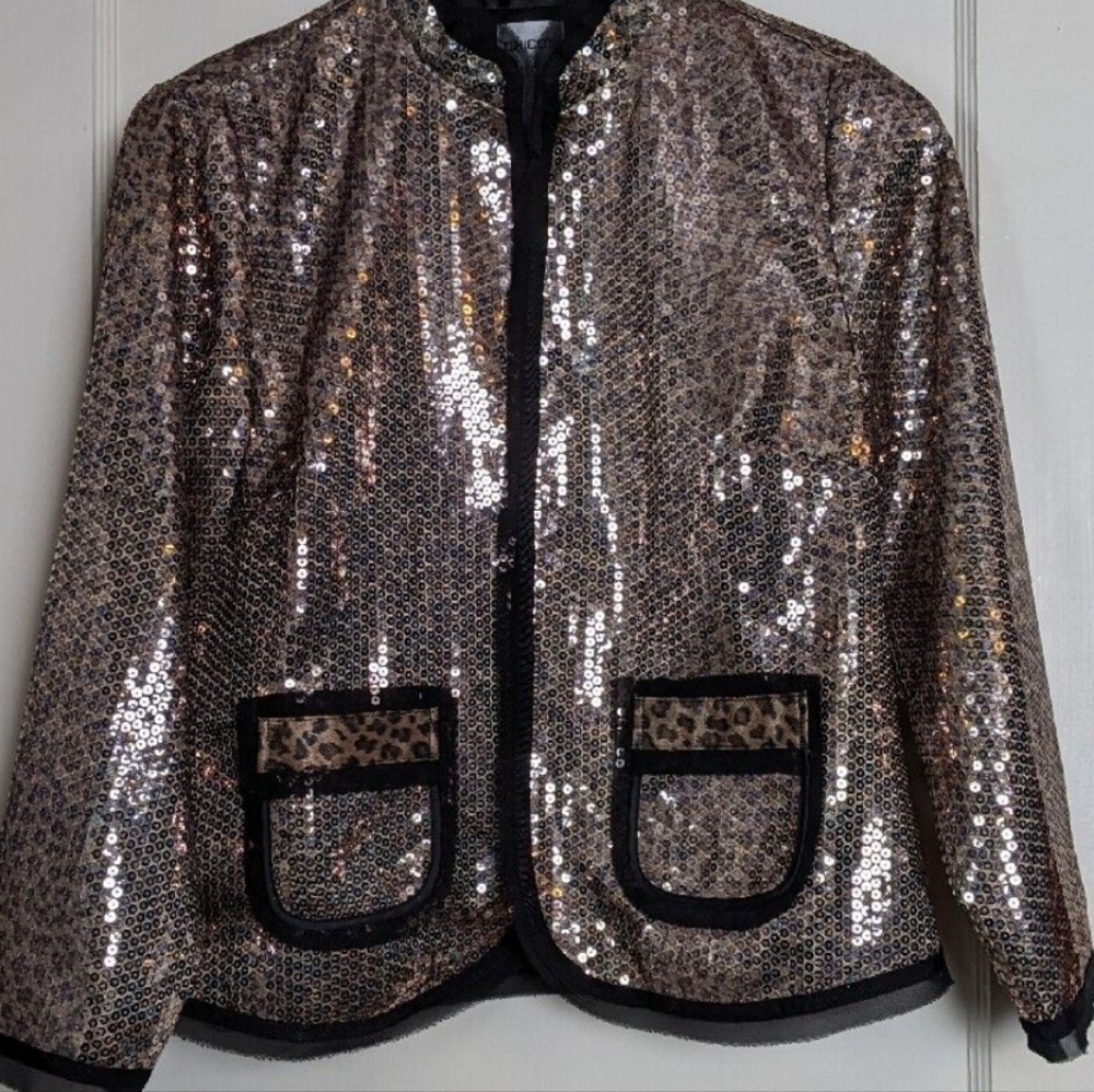 Chico's Brown Sequin Leopard Print Jacket Size 3 - image 1